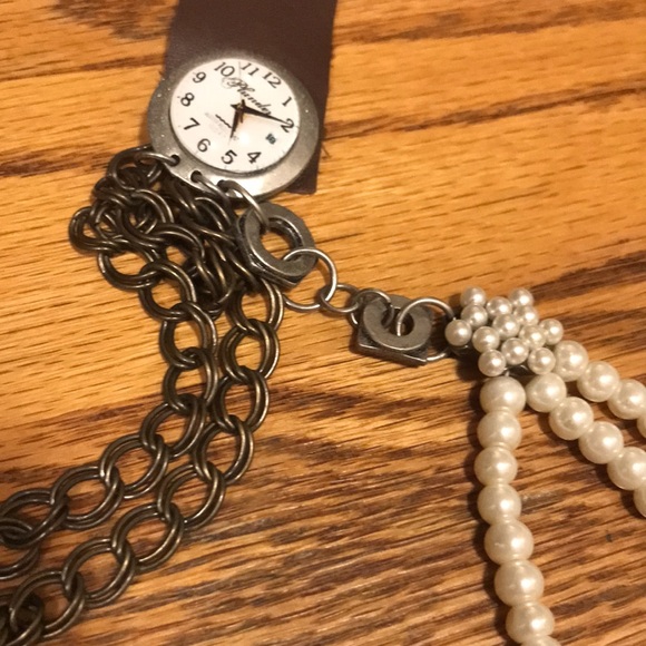 Vintage Plunder 19” leather clock pearls silver/ bronze steampunk boho necklace - Picture 4 of 5
